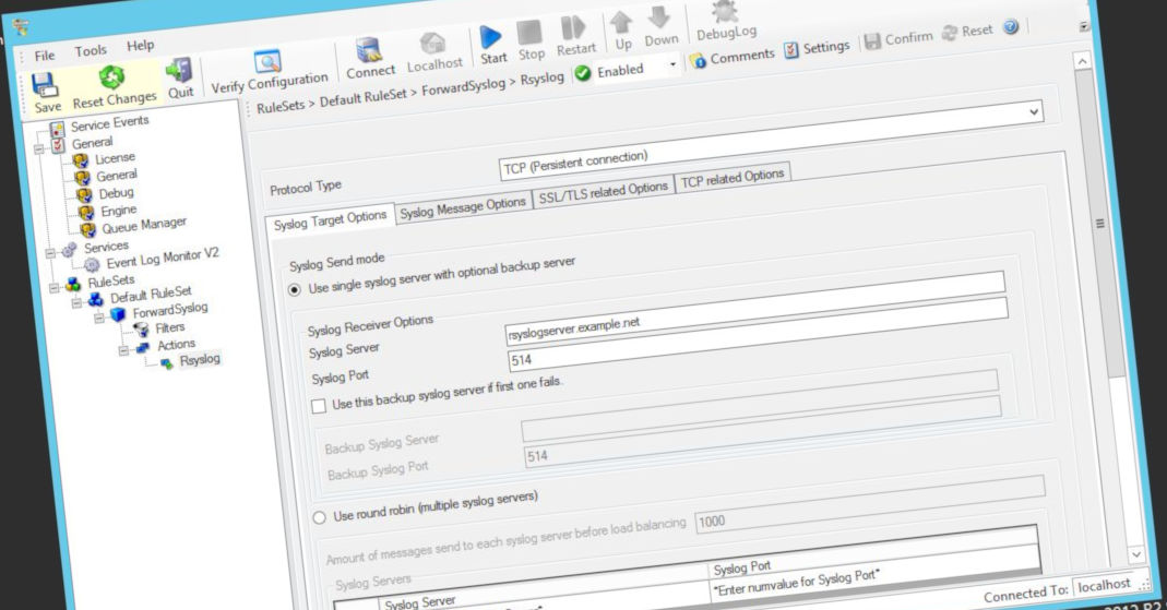 Screenshot of rsyslog windows agent in configuration mode.
