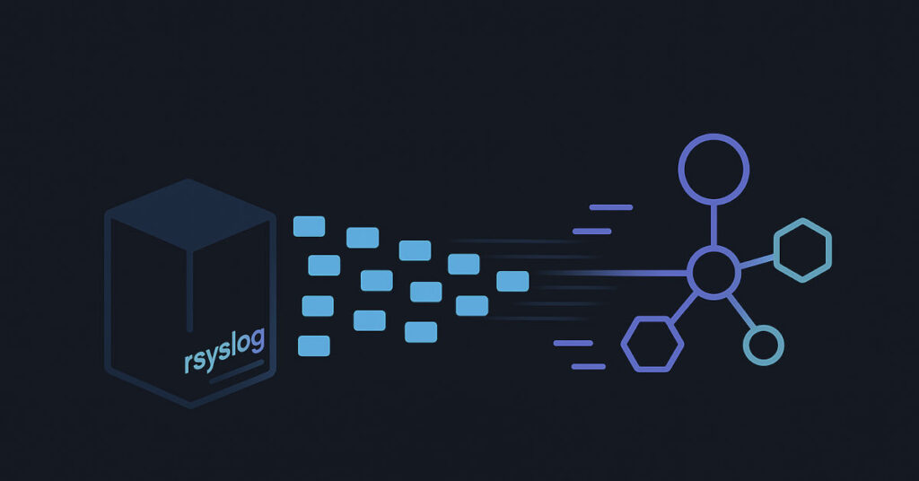 Minimalist diagram: an rsyslog server sends a stream of blue log packets to abstract purple OTLP collector nodes on a dark background.