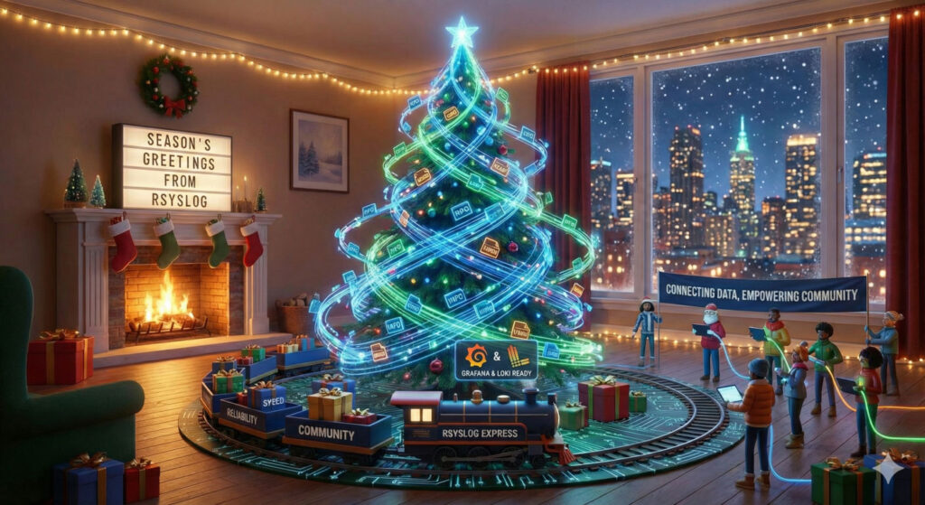Festive room with a Christmas tree wrapped in glowing data streams, a train labeled “rsyslog express,” and figures symbolizing community and data flow.