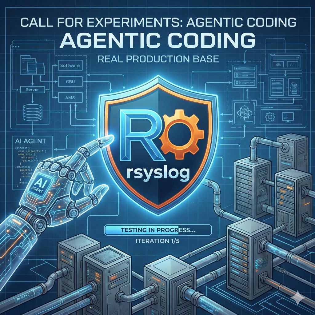 AI agent experimenting with rsyslog production code, showing iterative testing on a real infrastructure system with servers and pipelines