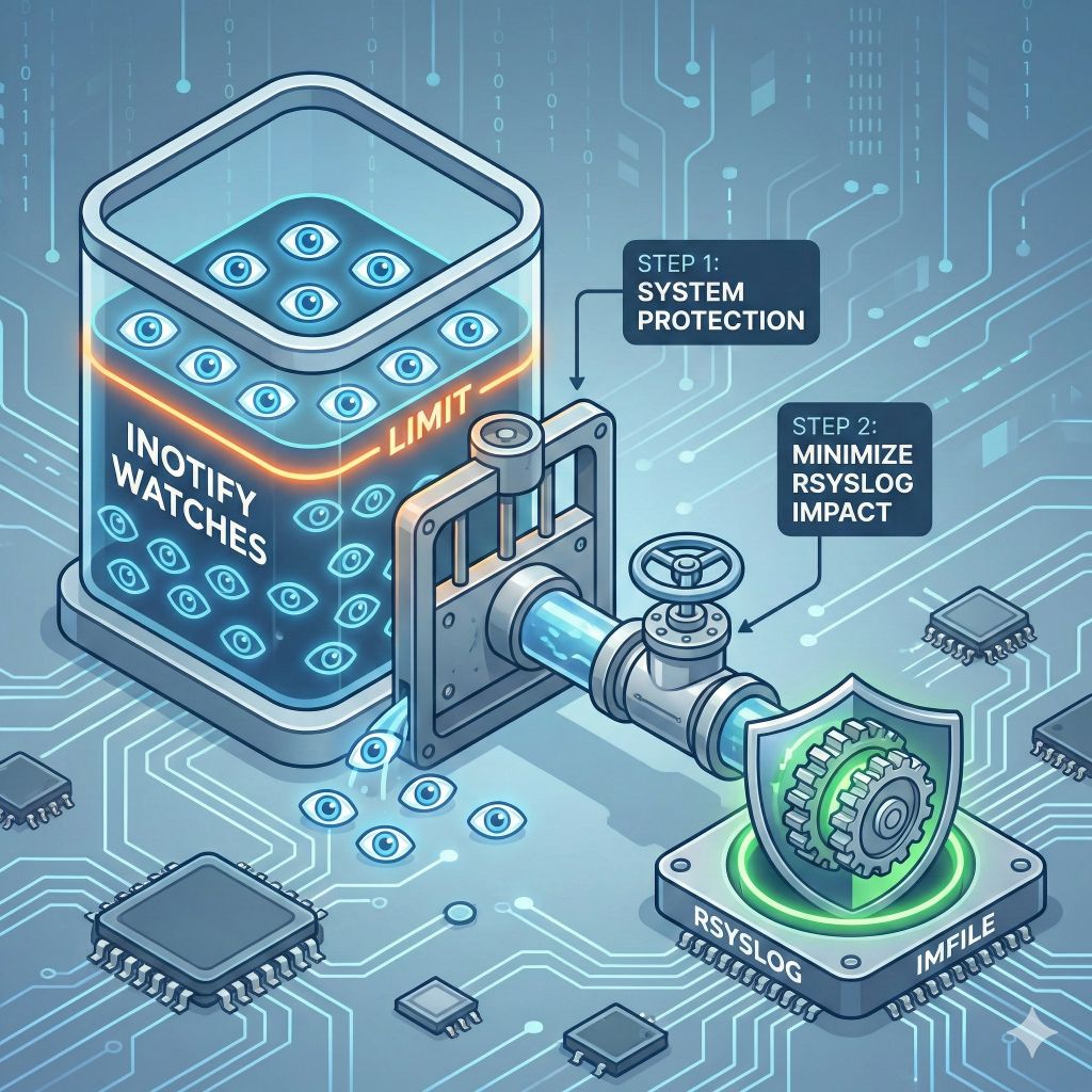 Diagram comparing rsyslog imfile inotify handling before and after improvements, showing a transition from unbounded resource use to stable limits.