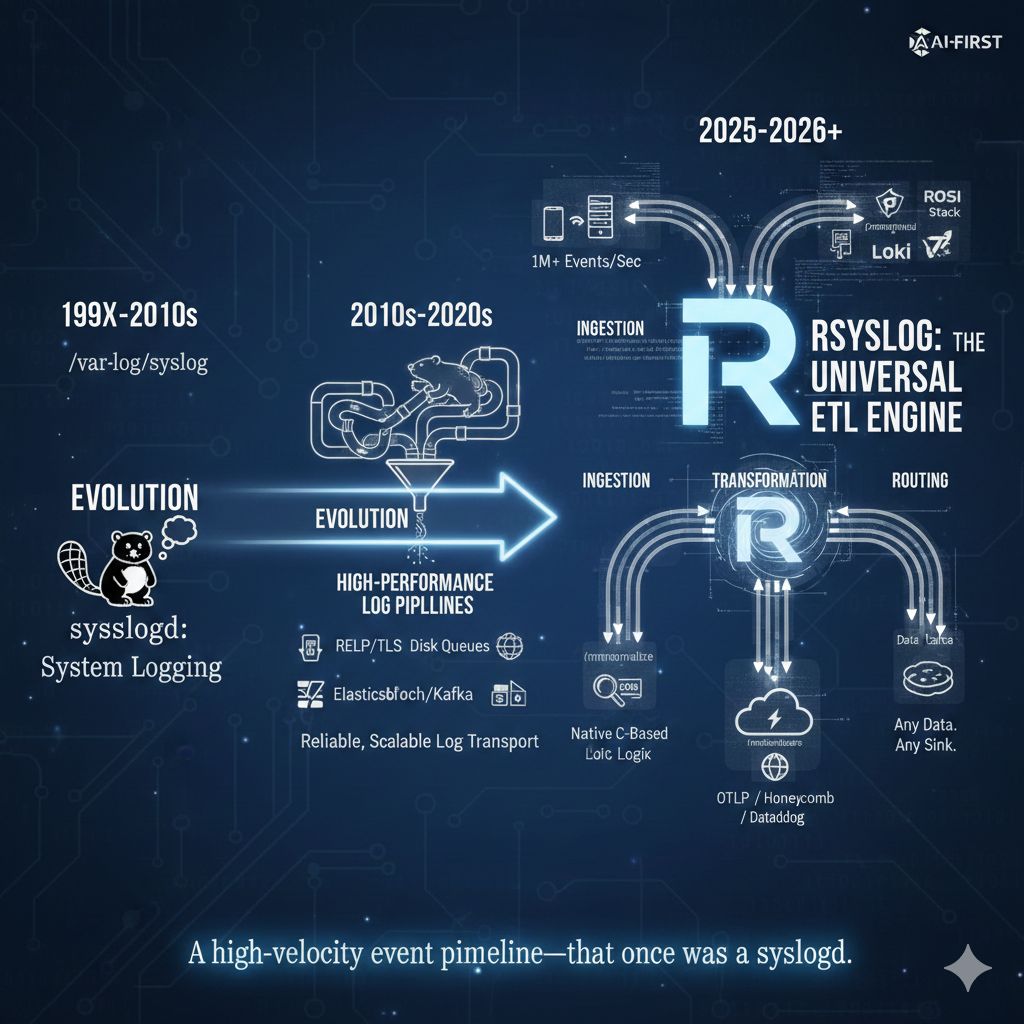 Diagram showing rsyslog evolution from syslogd to high-performance log ingestion and ETL engine with ingestion, transformation, and routing pipelines