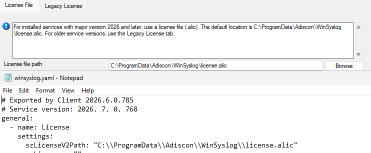 rsyslog Windows Agent configuration client License File tab and YAML export showing szLicenseV2Path