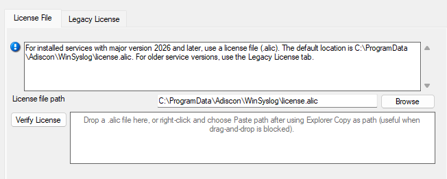 rsyslog Windows Agent 2026 configuration client License File tab with license.alic path and browse control